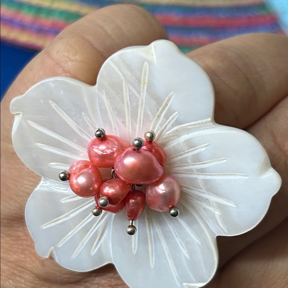 Handcrafted White Flower Mop Statement Ring With … - image 5